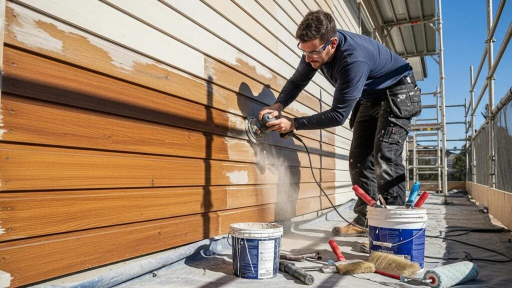 Contractor preparing a wooden surface for exterior painting
