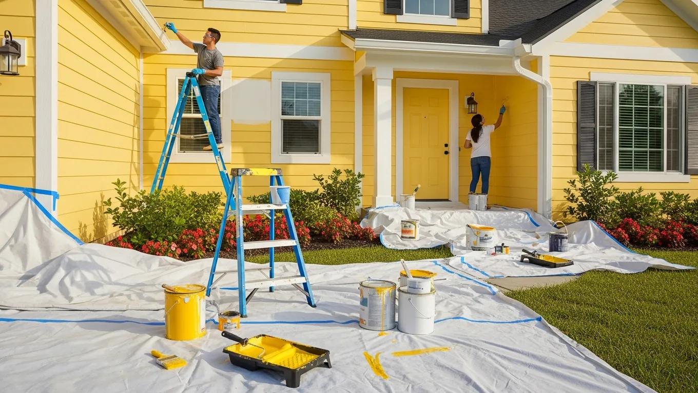 Freshly painted home exterior with vibrant colors and DIY painters