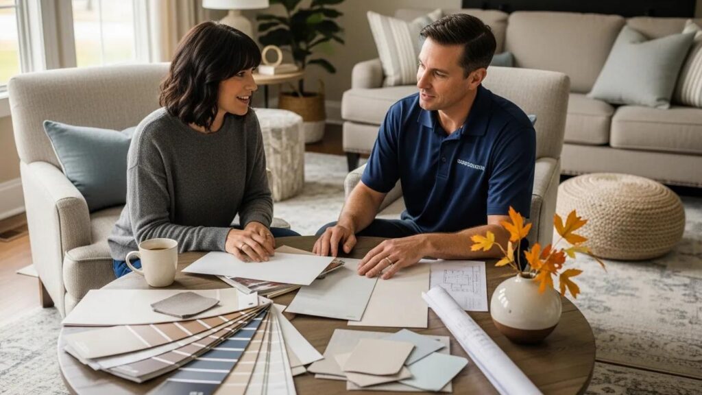 Homeowner consulting with a painting contractor over paint samples in a cozy living room