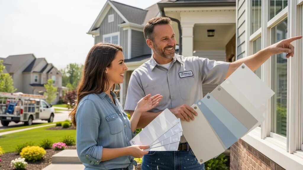 Homeowner discussing paint options with a contractor