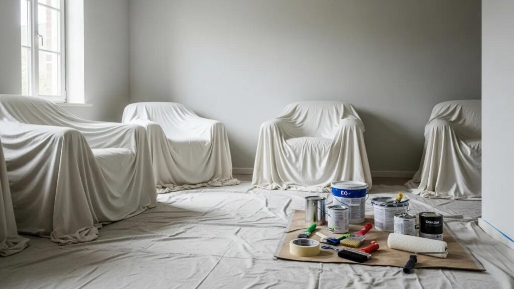 Organized room with covered furniture and preparation tools for painting