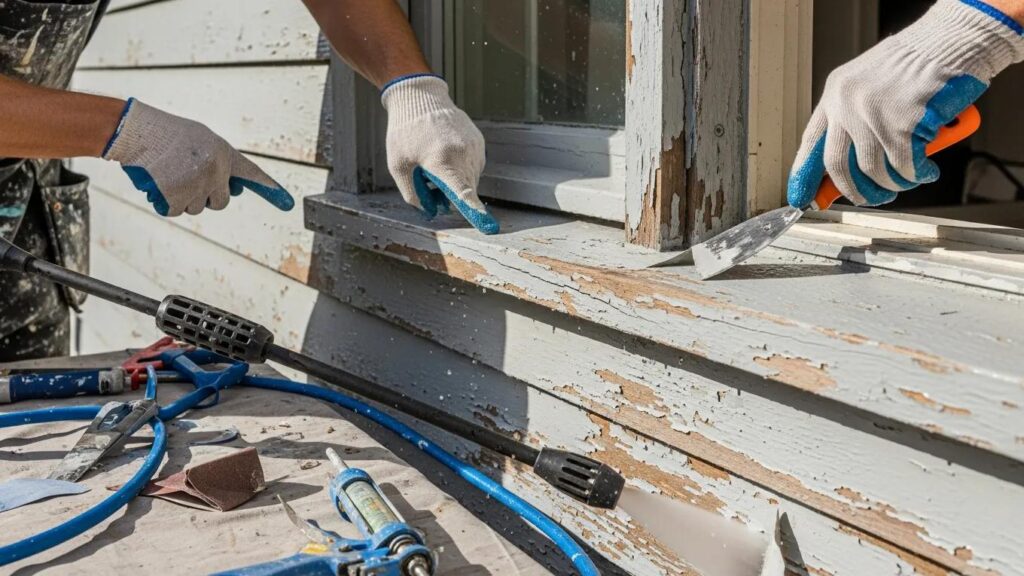 Painter inspecting surface damages and preparing for quality exterior paint application, emphasizing paint durability.