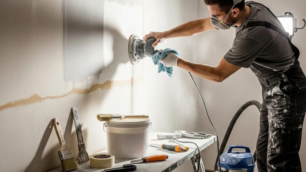 Painter performing surface preparation techniques for improved paint adhesion on a wall