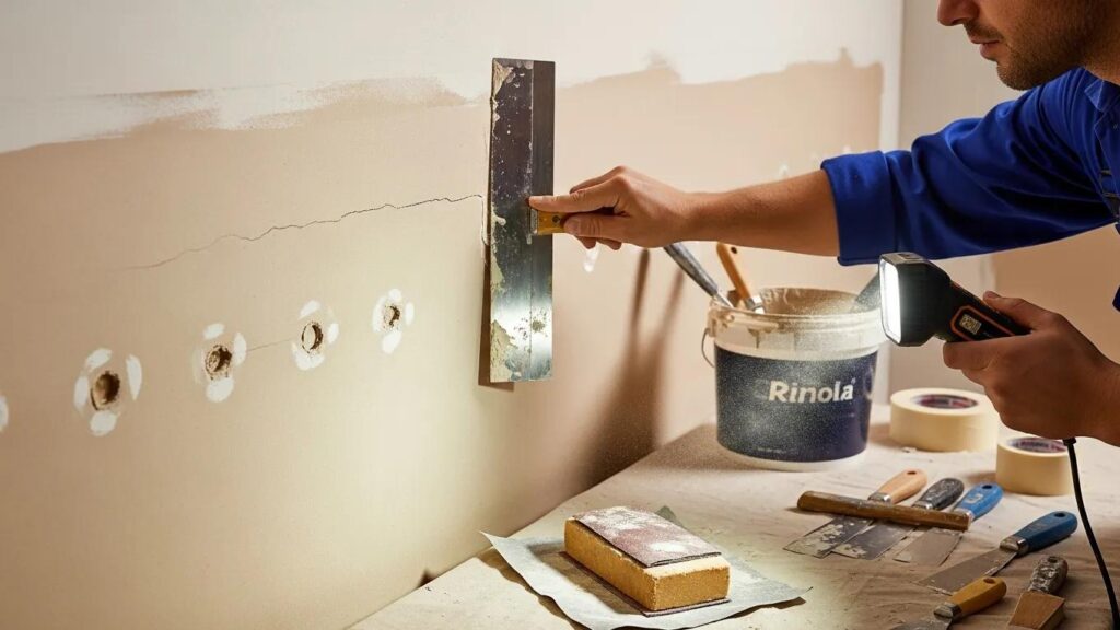 Painter preparing surfaces for a painting project, focusing on cleaning and repairing surfaces before applying paint.