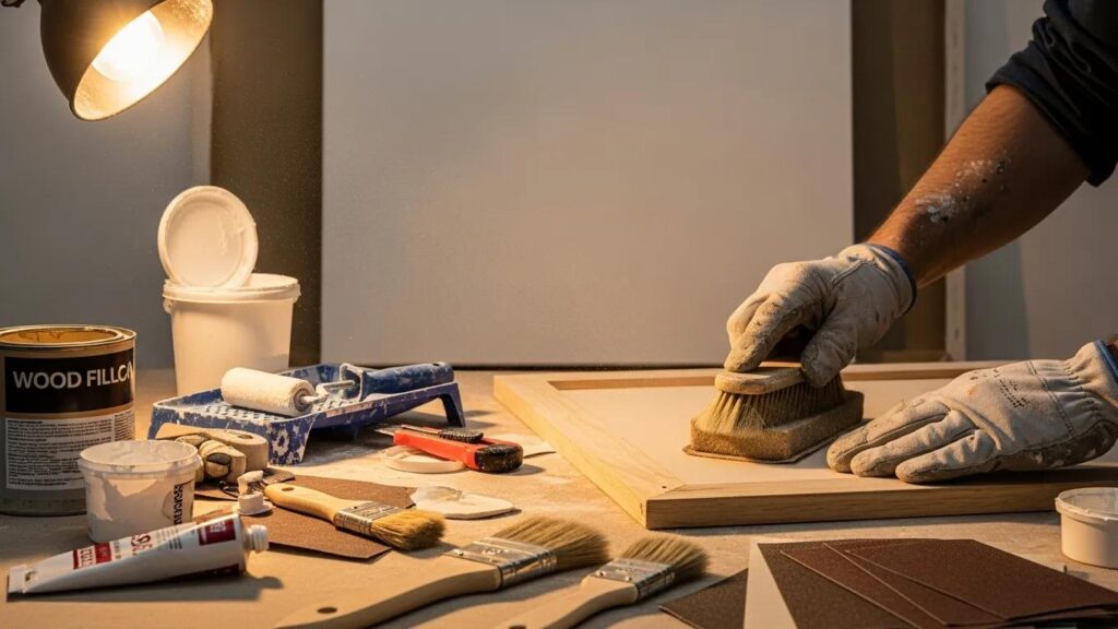 Painter preparing surfaces with sanding and priming tools for a painting project