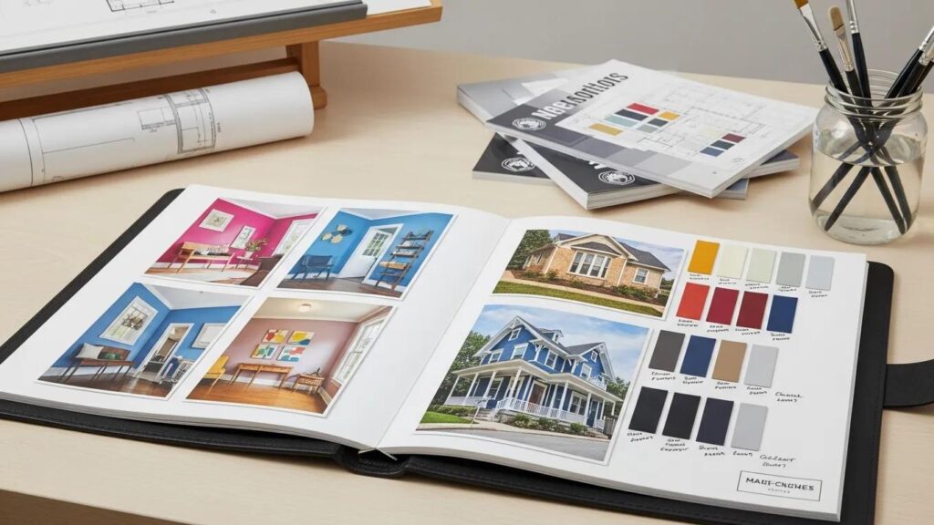 Portfolio showcasing diverse painting projects and color swatches