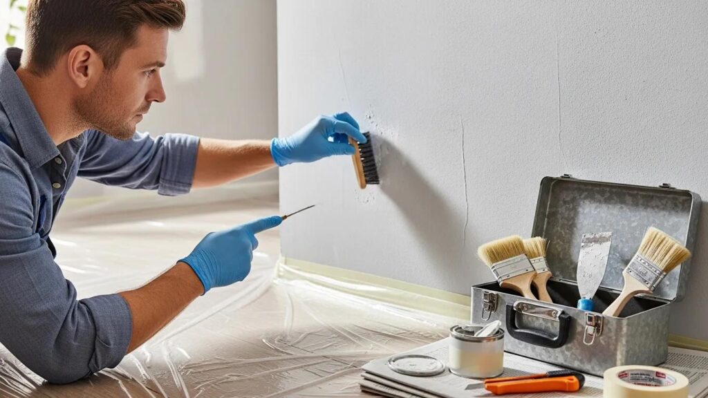 Professional examining and preparing a wall for painting to ensure durability
