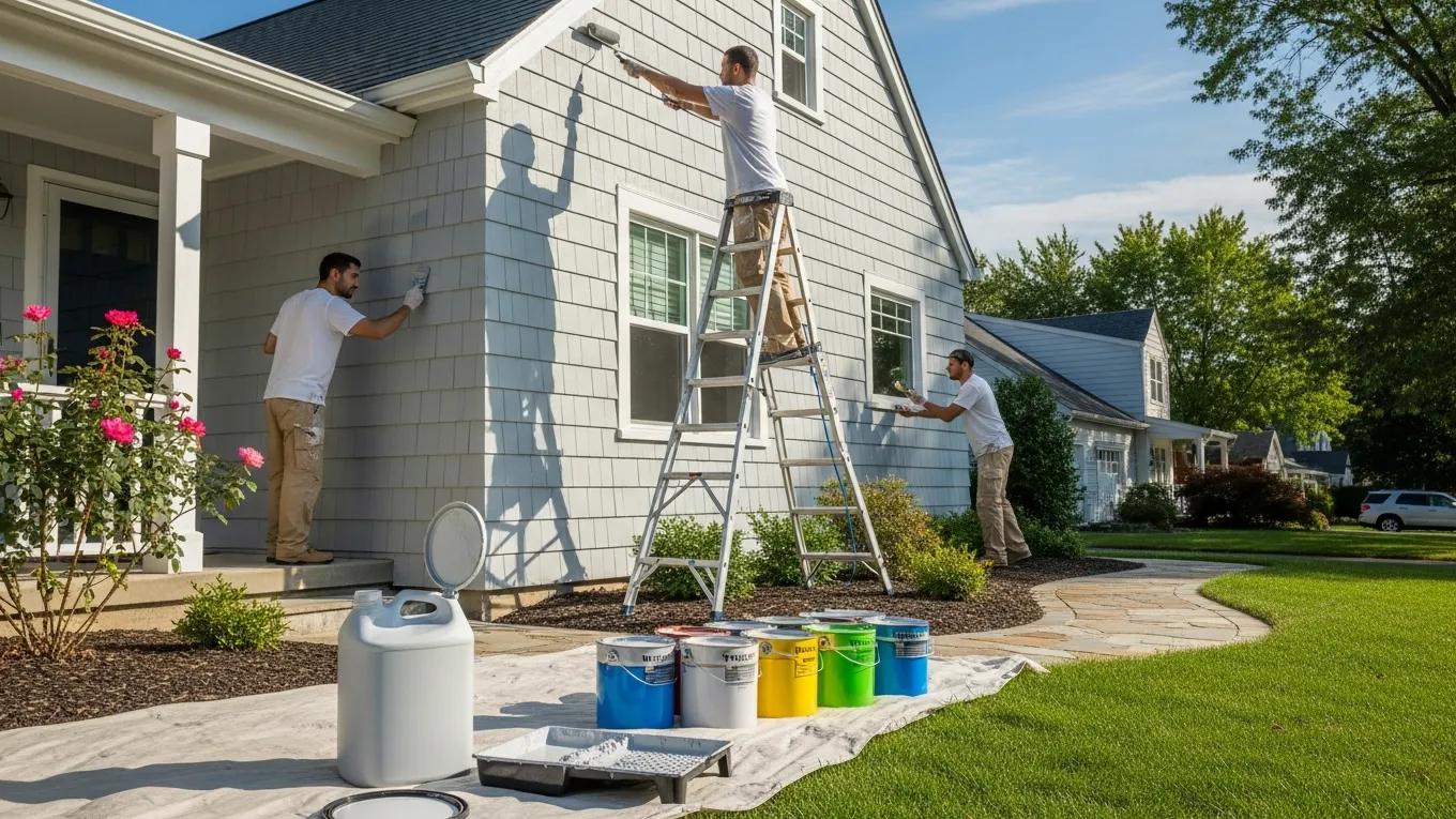 Professional house painters working on a home exterior, showcasing painting tools and vibrant colors.