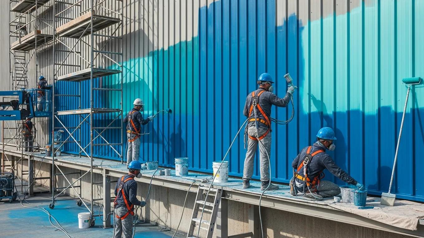 Professional industrial painters working on a large building, showcasing tools and vibrant paint colors.