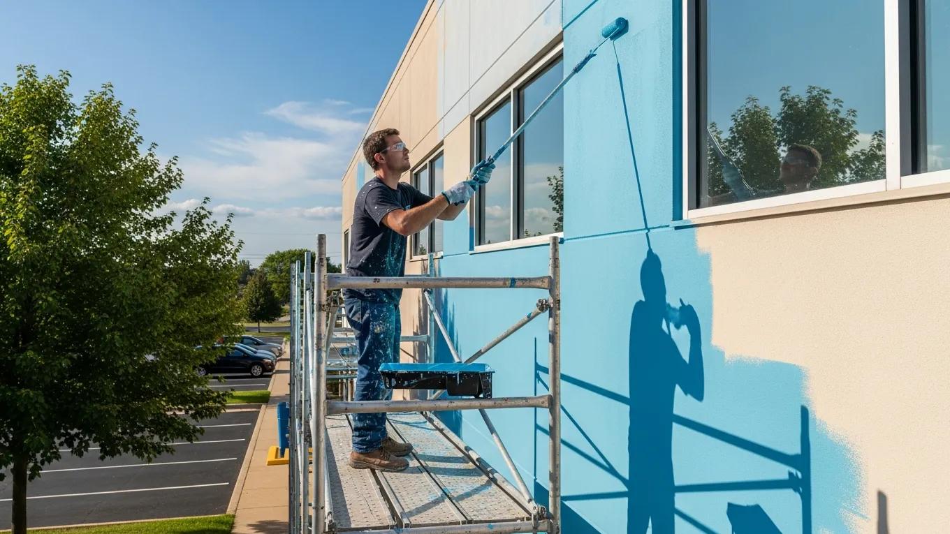Professional painter applying fresh paint on a commercial building in Southeast Michigan