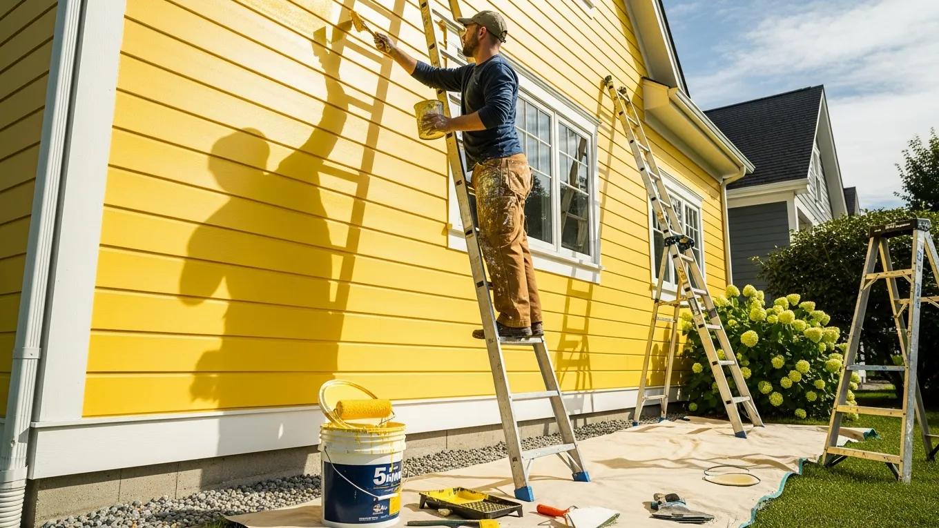 Professional painter applying vibrant exterior paint to a residential house, showcasing transformation and skill.