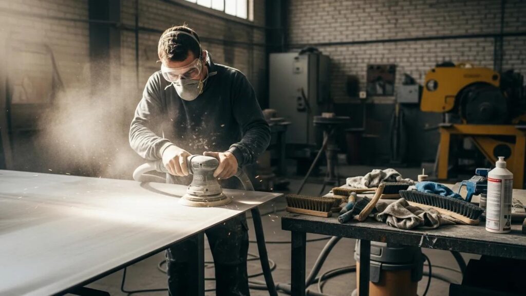 Professional painter using sanding techniques for surface preparation in an industrial setting.