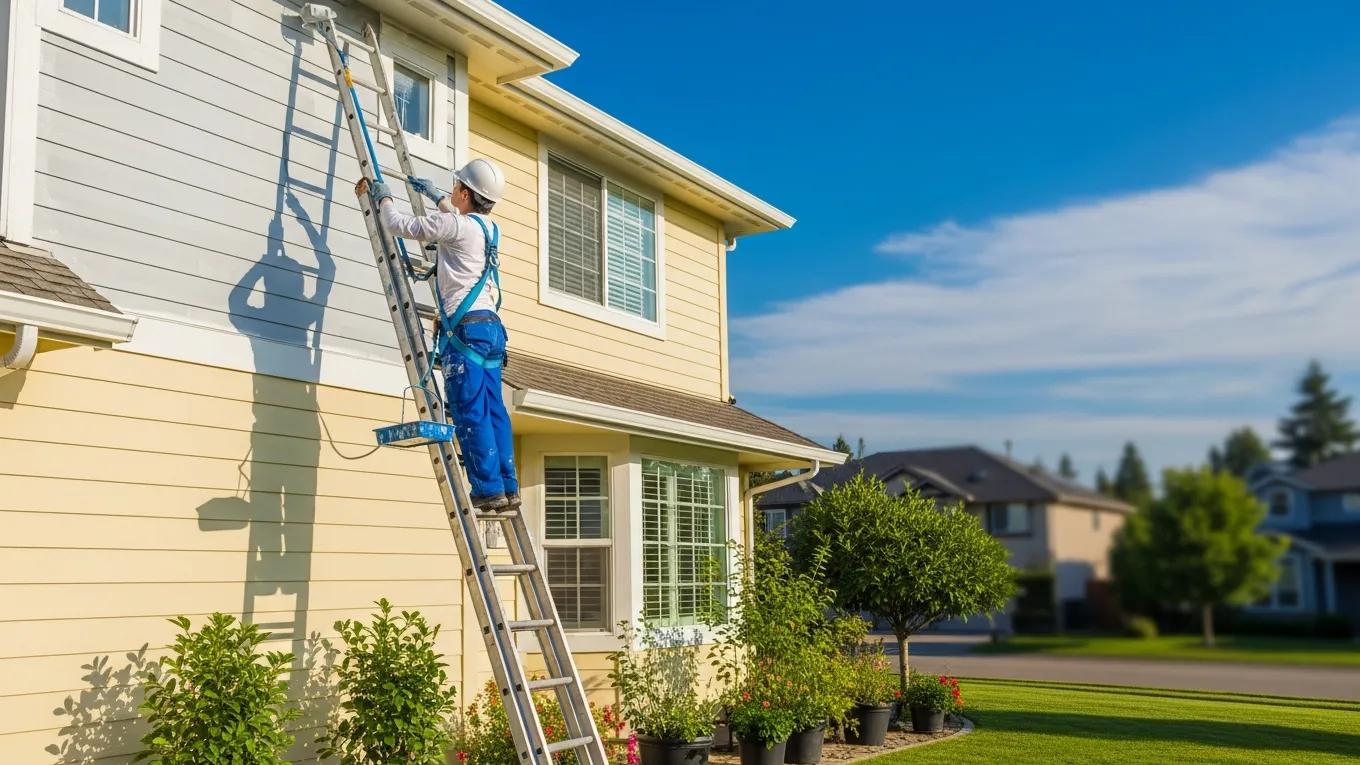Residential painter refreshing home exterior with high-quality paint in a sunny suburban environment