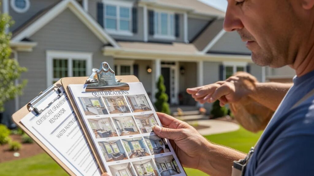 Skilled painter reviewing qualifications and portfolio materials outdoors, emphasizing expertise in home painting.